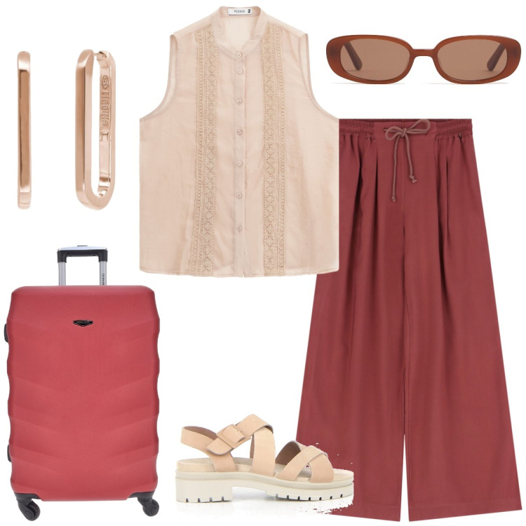 Outfit donna - In partenza. Stile Casual per Tutti i giorni. Abbinamento con orecchini, top, pantaloni, sandali, valigie, occhiali da sole.