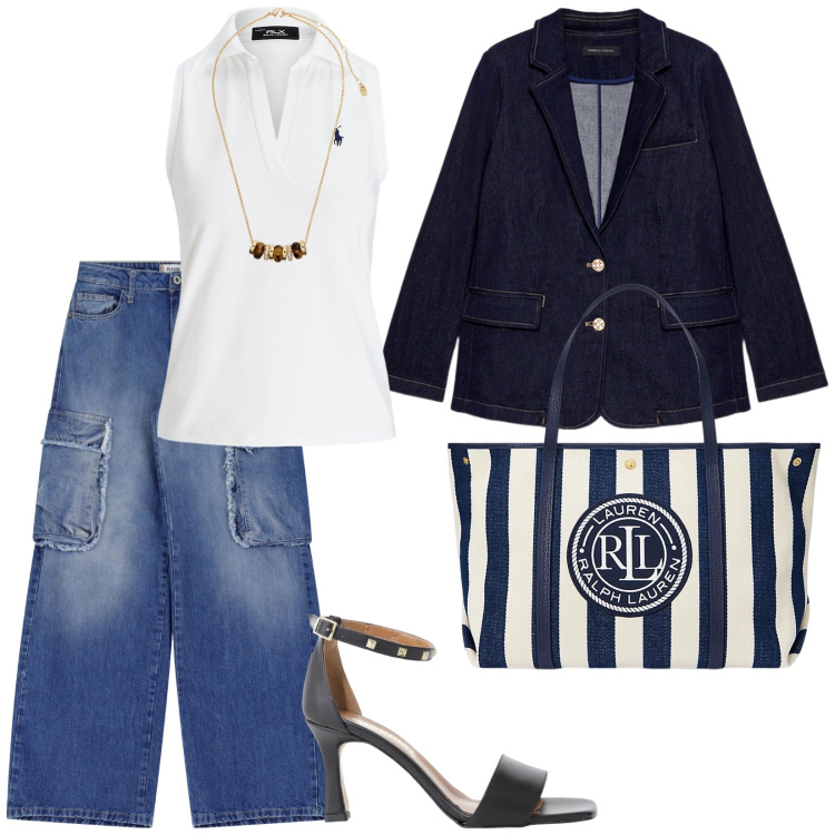 Outfit donna - A lavoro. per Ufficio. Abbinamento con jeans, sandali col tacco, polo, collane, borse tote, blazer.