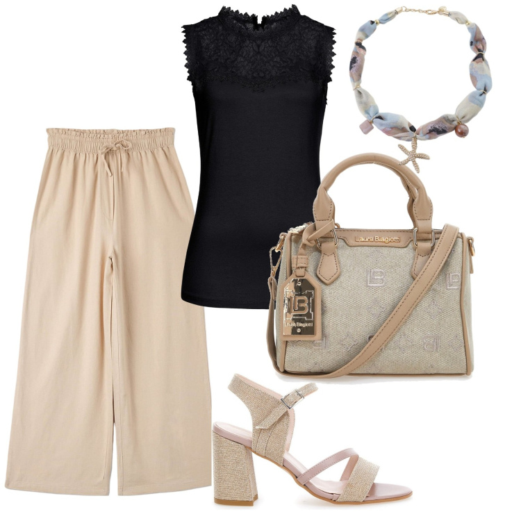Outfit donna - Per tutti i giorni. per Tutti i giorni. Abbinamento con top, pantaloni, collane, borse a tracolla, sandali col tacco.