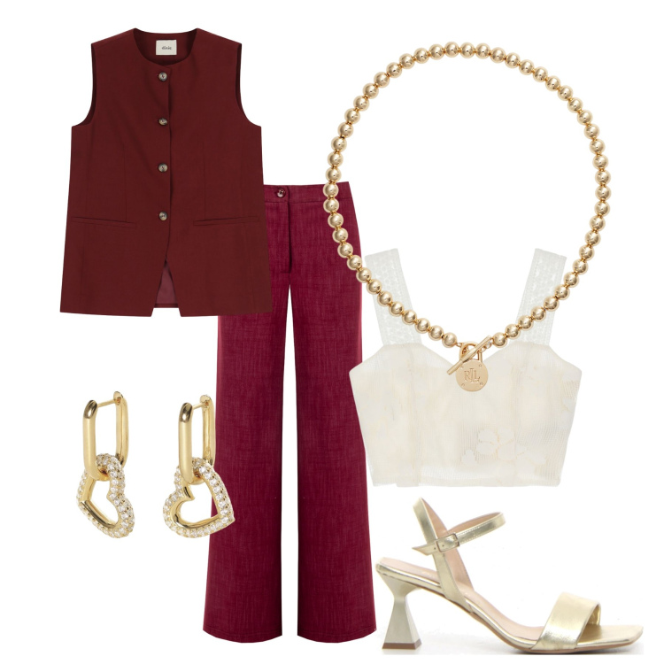 Outfit donna - Chic. Stile Casual chic per Serata fuori. Abbinamento con orecchini, pantaloni, gilet, top, collane, sandali col tacco.