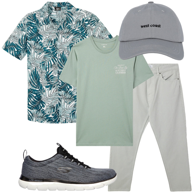 Outfit uomo - Indossa la camicia con carattere. Stile Casual per Tutti i giorni. Abbinamento con camicie a manica corta, cappelli con visiera, pantaloni, t-shirt, sneakers.