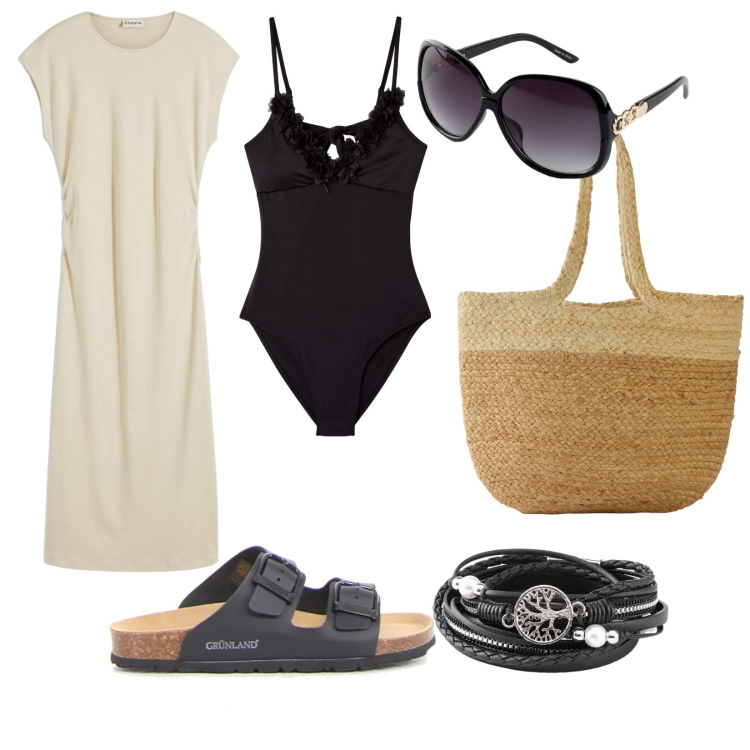Outfit donna - Una giornata al mare. per Mare. Abbinamento con braccialetti, occhiali da sole, vestiti midi/longuette, shopping bag, costumi interi, ciabatte.