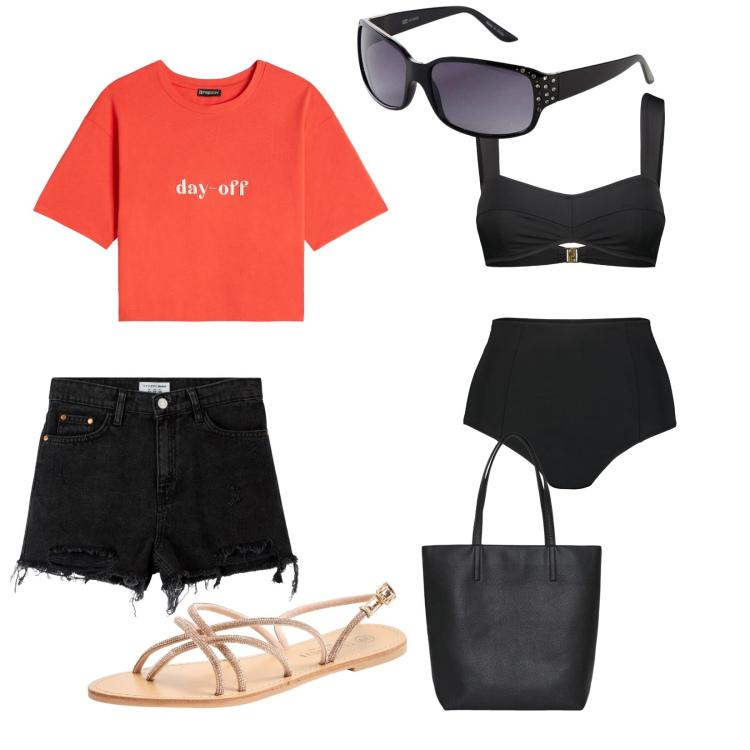 Outfit donna - Mare mare. per Mare. Abbinamento con occhiali da sole, sandali, borse tote, shorts, t-shirt, bikini.
