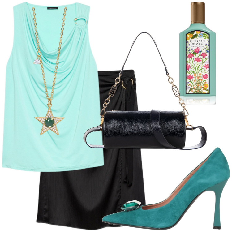 Outfit donna - Verde Acqua. Stile Urban per Serata fuori. Abbinamento con décolleté, profumi, collane, borse a mano, top, gonne longuette.