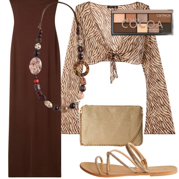 Outfit donna - Vestito lungo. Stile Boho per Tutti i giorni. Abbinamento con ombretti, borse a tracolla, vestiti lunghi, bolero, sandali, collane.