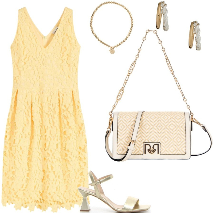 Outfit donna - Femminile e solare. Stile Chic per Serata fuori. Abbinamento con vestiti, borse a tracolla, collane, orecchini, sandali col tacco.