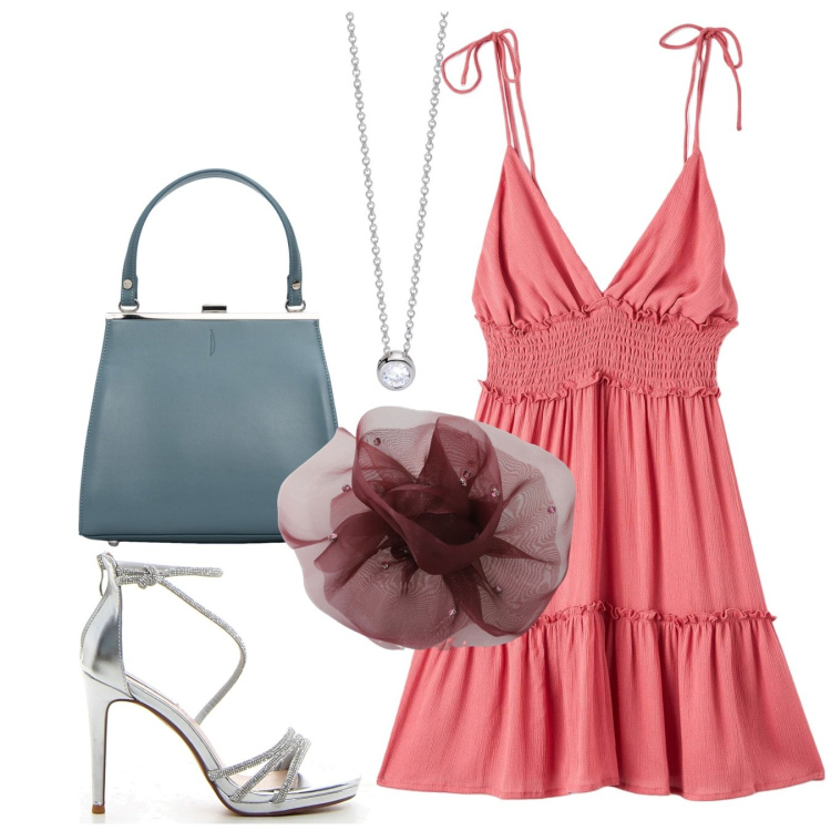 Outfit donna - Sotto le stelle. Stile Romantica per Serata fuori. Abbinamento con vestiti corti, collane, foulard, clutch, sandali col tacco.