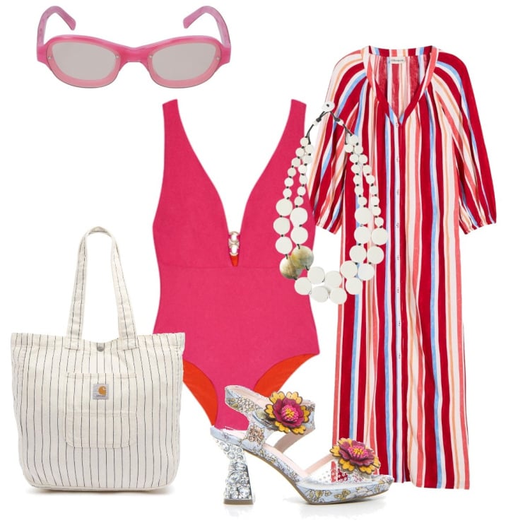 Outfit donna - Come una diva…. Stile Glamour per Mare. Abbinamento con caftani, costumi interi, sandali col tacco, ciondoli, borse tote, occhiali da sole.