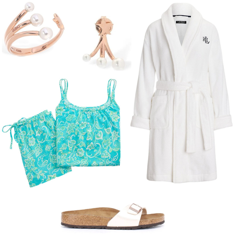 Outfit donna - Buona notte!. Stile Casual per Tutti i giorni. Abbinamento con accappatoi, pigiama, anelli, orecchini, ciabatte.