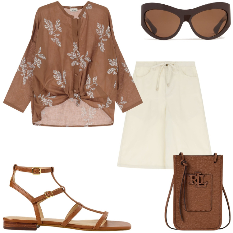 Outfit donna - In città. Stile Casual chic per Tutti i giorni. Abbinamento con shorts, camicie, borse a tracolla, sandali, occhiali da sole.