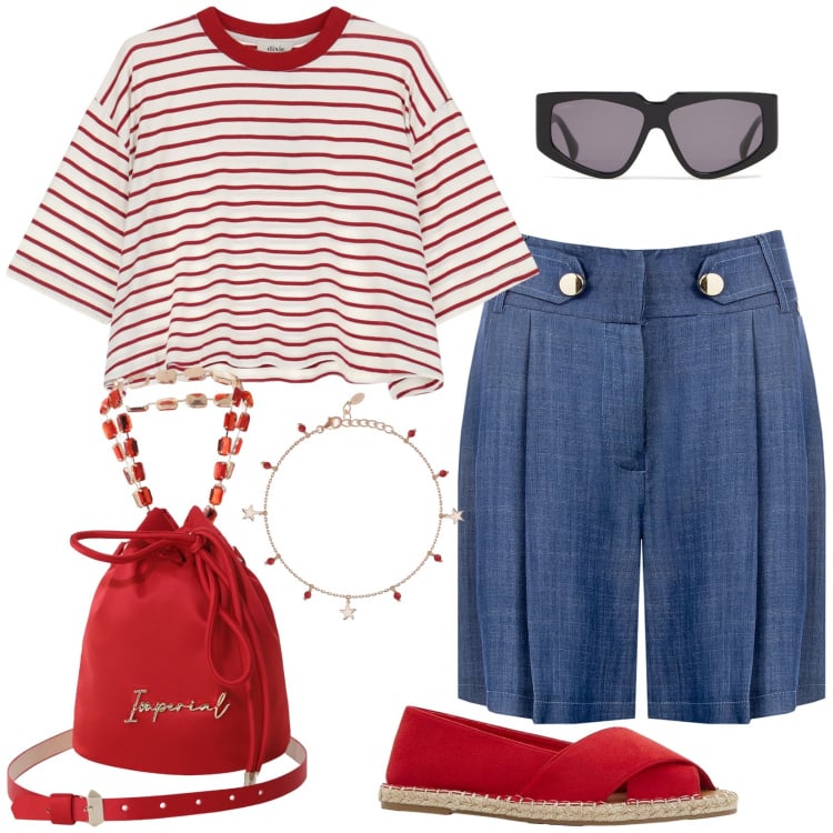 Outfit donna - Righe marinare!. Stile Casual chic per Mare. Abbinamento con espadrillas, braccialetti con ciondoli, bermuda, borse a secchiello, t-shirt, occhiali da sole.