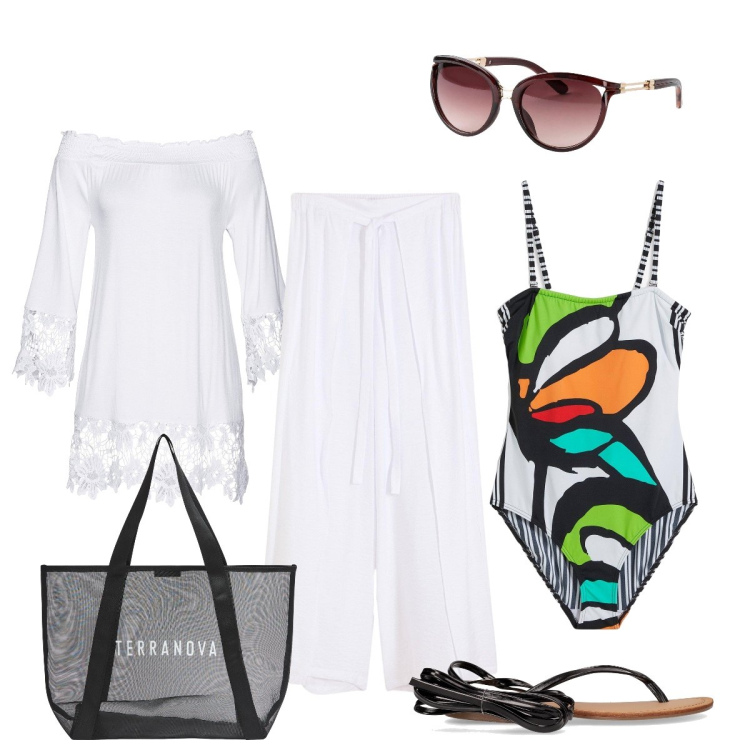 Outfit donna - Il lino ideale in questa stagione calda. Stile Glamour per Mare. Abbinamento con occhiali da sole, tuniche, pantaloni a palazzo, costumi interi, shopping bag, sandali alla schiava.