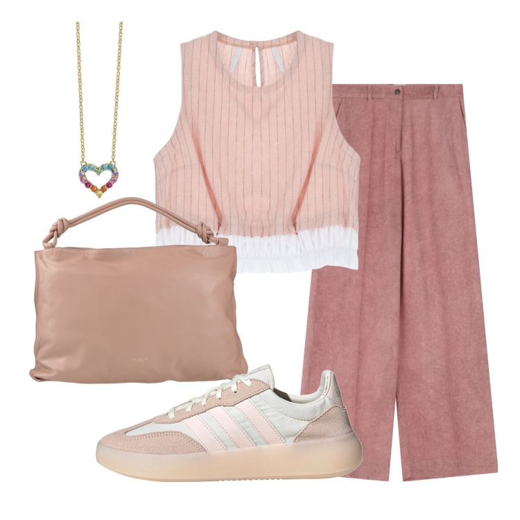 Outfit donna - I pantaloni freschi in viscosa. Stile Casual chic per Tutti i giorni. Abbinamento con borse a spalla, collane, pantaloni a palazzo, top, sneakers.