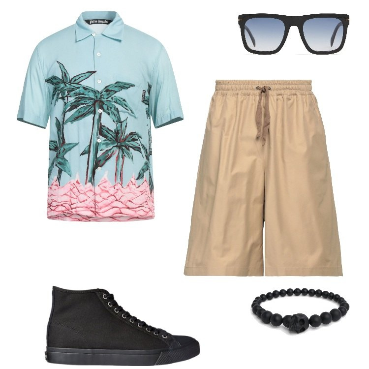 Outfit uomo - L\'egocentrico. Stile Trendy per Tutti i giorni. Abbinamento con camicie a manica corta, shorts, sneakers, braccialetti, occhiali da sole.