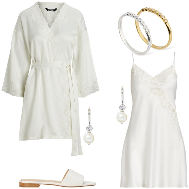 Outfit donna - Luna di miele. Stile Chic per Tutti i giorni. Abbinamento con camicie da notte, vestaglie, orecchini, ciabatte, anelli, anelli.