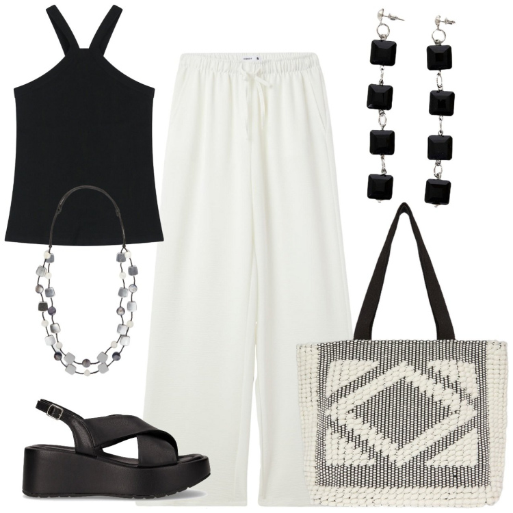 Outfit donna - Bianco e nero. Stile Casual per Tutti i giorni. Abbinamento con pantaloni, top, orecchini, shopping bag, sandali, collane.