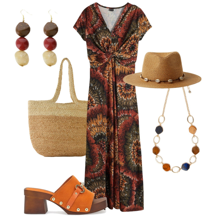Outfit donna - Mix boho/etnico con stile. Stile Boho per Tutti i giorni. Abbinamento con vestiti lunghi, shopping bag, cappelli, orecchini, zoccoli, collane.