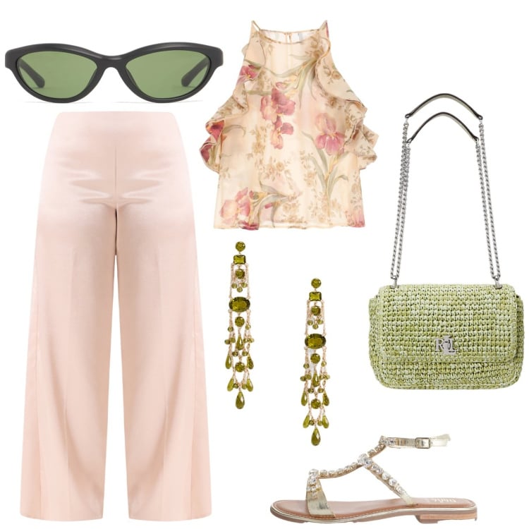 Outfit donna - Romantica. Stile Romantica per Tutti i giorni. Abbinamento con pantaloni a palazzo, canottiere, sandali, borse a spalla, orecchini, occhiali da sole.