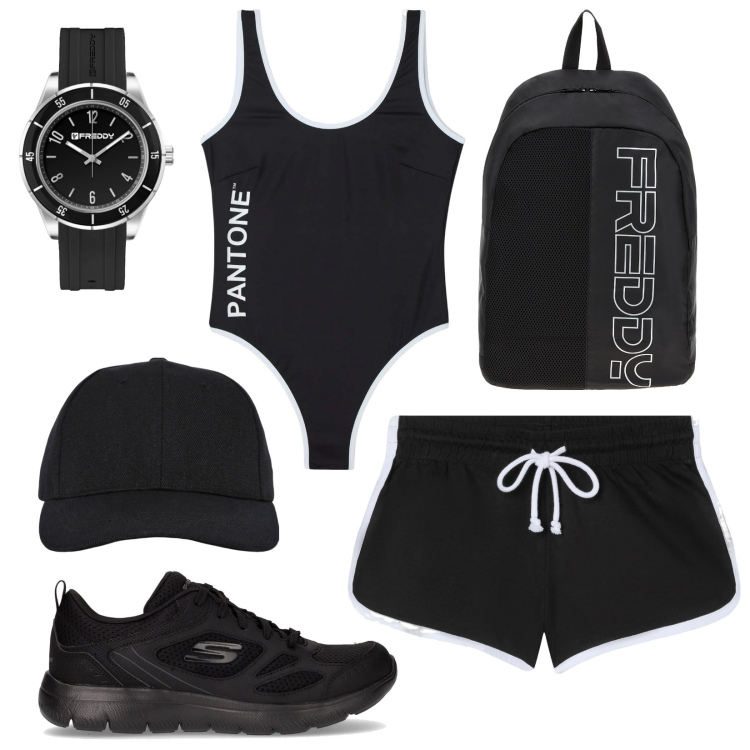 Outfit donna - Fuga per la libertà. Stile Casual per Sport. Abbinamento con costumi interi, pantaloncini sportivi, cappelli con visiera, orologi, zaini, sneakers.