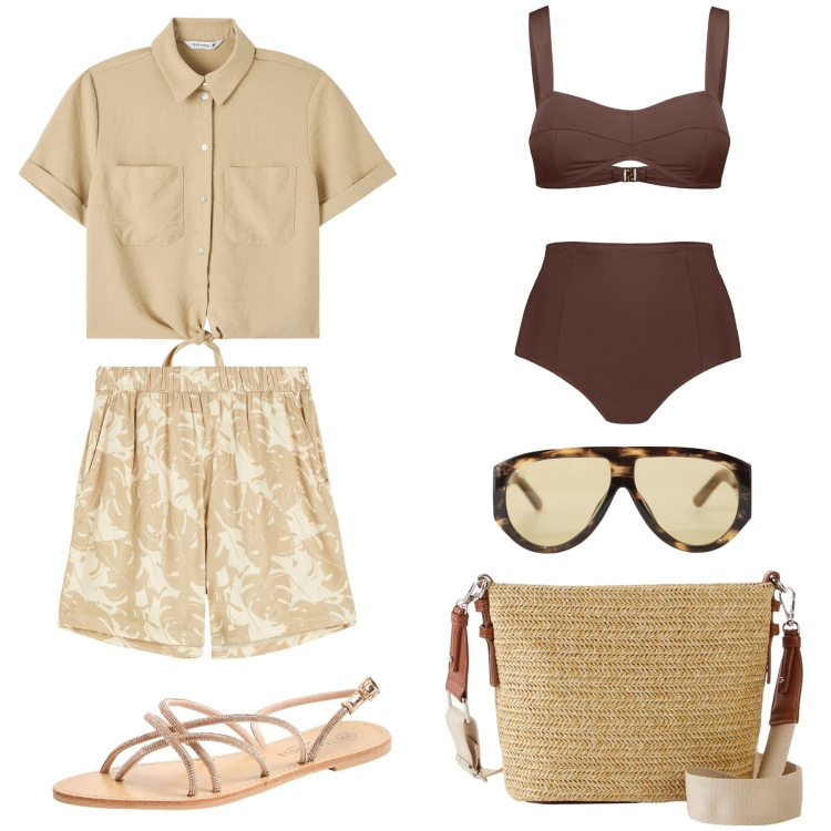 Outfit donna - Beige e marrone. Stile Casual per Mare. Abbinamento con borse a tracolla, sandali, camicie a manica corta, occhiali da sole, pantaloni, bikini.