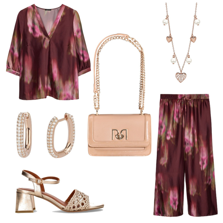Outfit donna - Una fantasia particolare. Stile Trendy per Serata fuori. Abbinamento con orecchini, collane, borse a tracolla, pantaloni a palazzo, bluse, sandali col tacco.