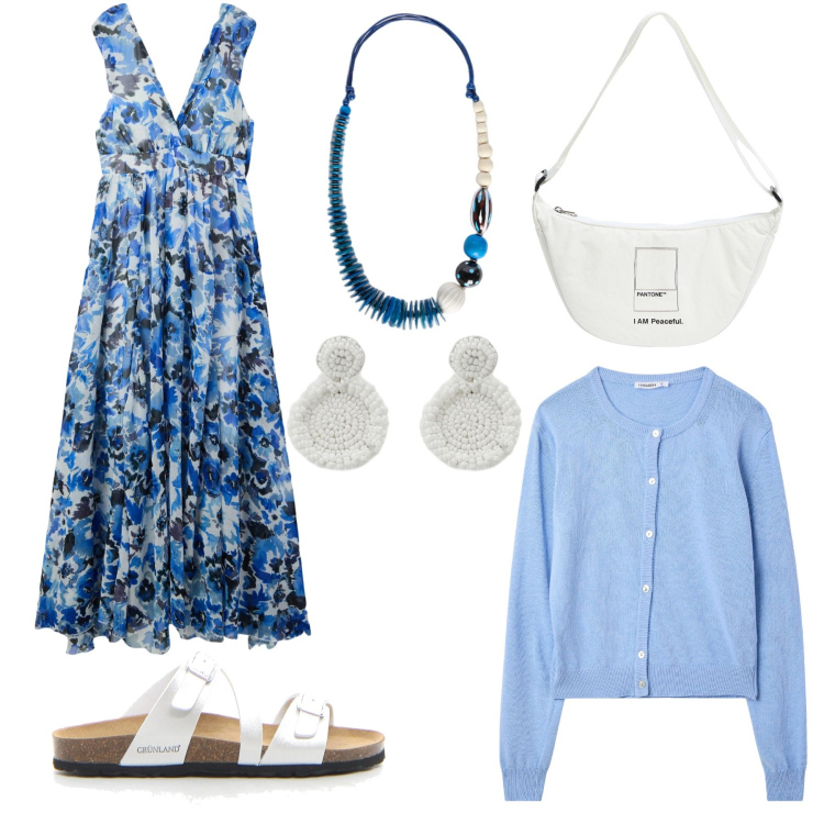 Outfit donna - L\'abito a fiori. Stile Etnico per Serata fuori. Abbinamento con vestiti lunghi, cardigans, marsupi, orecchini, ciabatte, collane.
