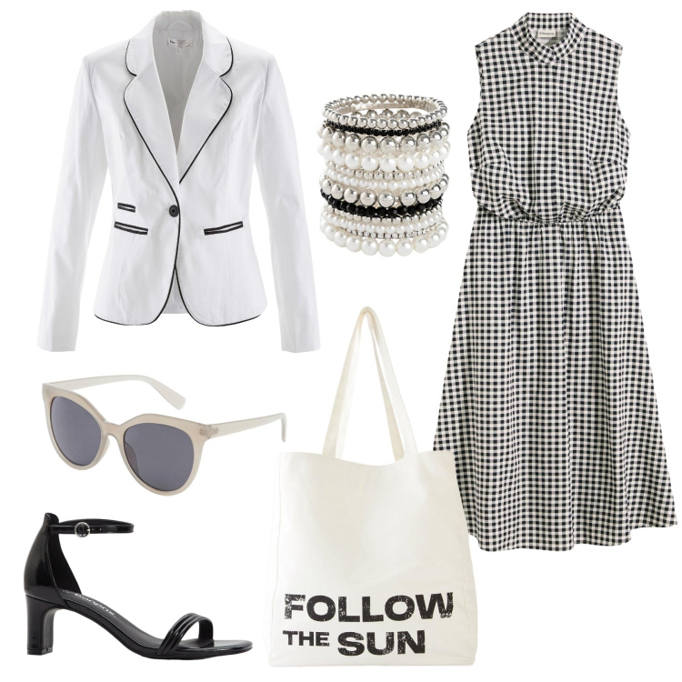 Outfit donna - Il vestito a quadretti. Stile Vintage retrò per Serata fuori. Abbinamento con braccialetti, vestiti, blazer, borse a tracolla, shopping bag, sandali col tacco.