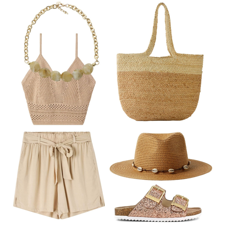 Outfit donna - Boho chic. Stile Boho per Mare. Abbinamento con shopping bag, top, shorts, cappelli, collane, sandali.