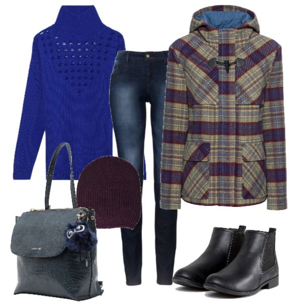 Outfit donna - Basic #57. Stile Basic per Tutti i giorni. Abbinamento con jeans skinny, montgomery blu, zaino, maglia con scollo a maniche lunghe filato, stivaletti chelsea effetto strappato con punta tonda in denim suola piatta, cuffia beanie melange in denim taglia unica viola e nero.