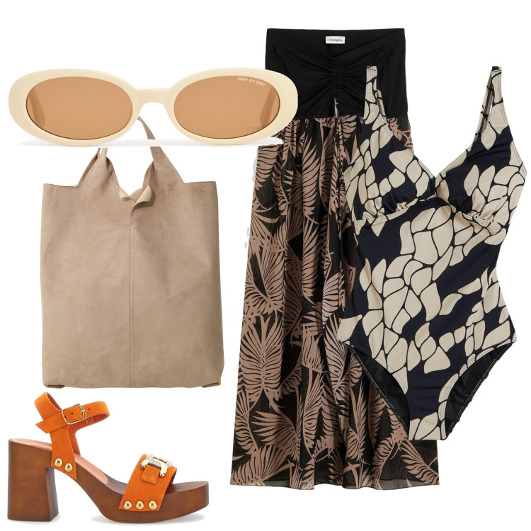 Outfit donna - Total look #2186041. Stile Boho per Mare. Abbinamento con vestiti da spiaggia, costumi interi, shopping bag, zoccoli, occhiali da sole.