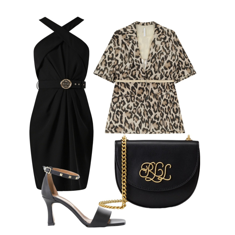 Outfit donna - Tubino nero. Stile Casual chic per Serata fuori. Abbinamento con blazer, sandali col tacco, vestiti a tubino, borse a tracolla.