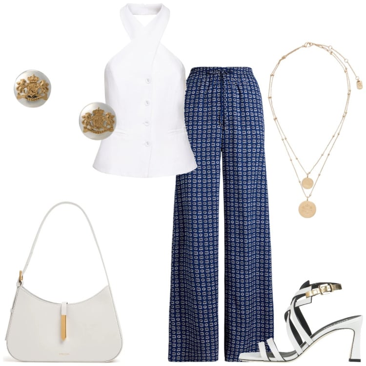 Outfit donna - In vacanza. Stile Casual chic per Tutti i giorni. Abbinamento con sandali in pelle, ciondoli, orecchini, pantaloni, top, borse a spalla.
