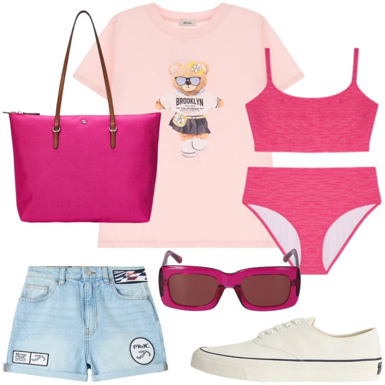 Outfit donna - Al mare dopo la scuola. Stile Preppy per Mare. Abbinamento con shorts, borse tote, sneakers, t-shirt, bikini, occhiali da sole.