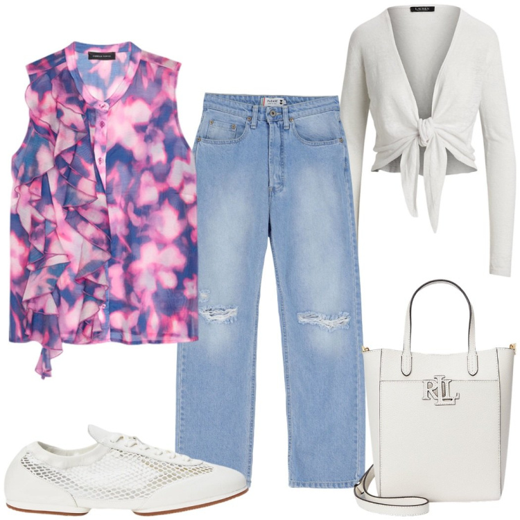 Outfit donna - City. Stile Urban per Ufficio. Abbinamento con jeans strappati, borse tote, ballerine, cardigans, top.