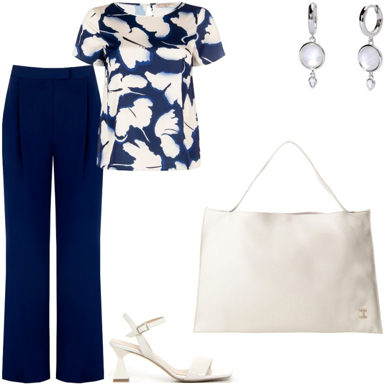 Outfit donna - Battesimo d\'estate. Stile Chic per Cerimonia. Abbinamento con borse a spalla, orecchini, bluse, pantaloni, sandali col tacco.