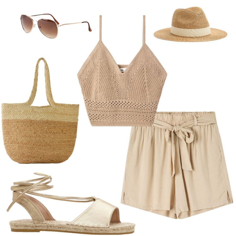 Outfit donna - Beach please.... Stile Casual per Mare. Abbinamento con occhiali da sole, shopping bag, sandali, top, cappelli, shorts.