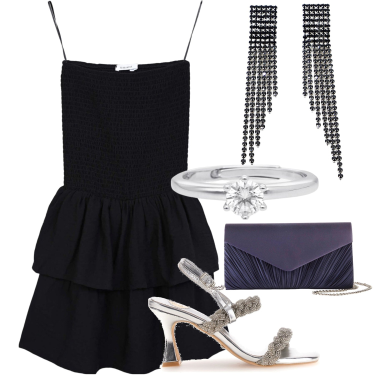 Outfit donna - Cocktail party con lui. Stile Glamour per Serata fuori. Abbinamento con pochette, vestiti corti, anelli, orecchini, sandali col tacco.