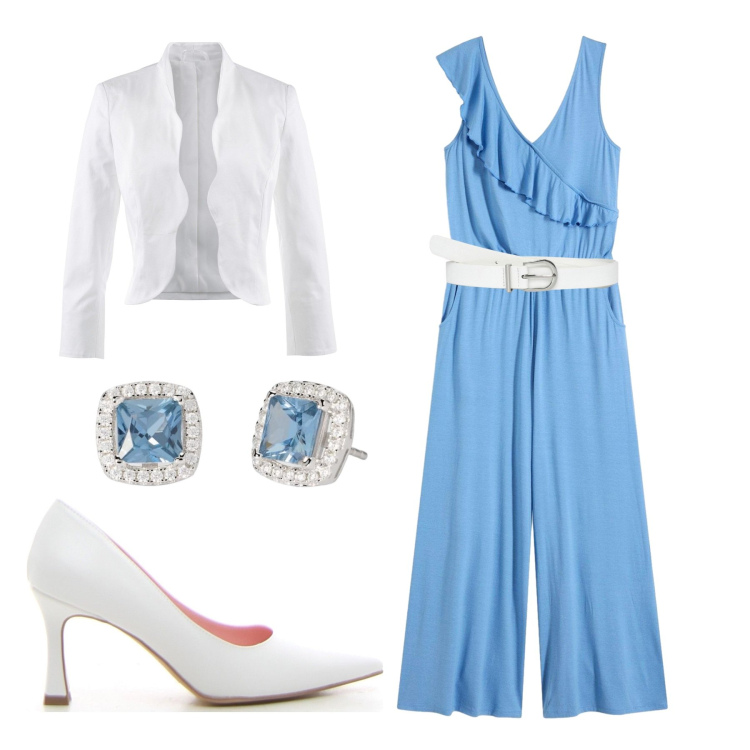 Outfit donna - Battesimo. Stile Casual chic per Cerimonia. Abbinamento con blazer, tute, cinture, orecchini, décolleté.