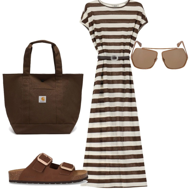Outfit donna - Riviera look. Stile Casual chic per Mare. Abbinamento con vestiti midi/longuette, ciabatte, borse tote, occhiali da sole.