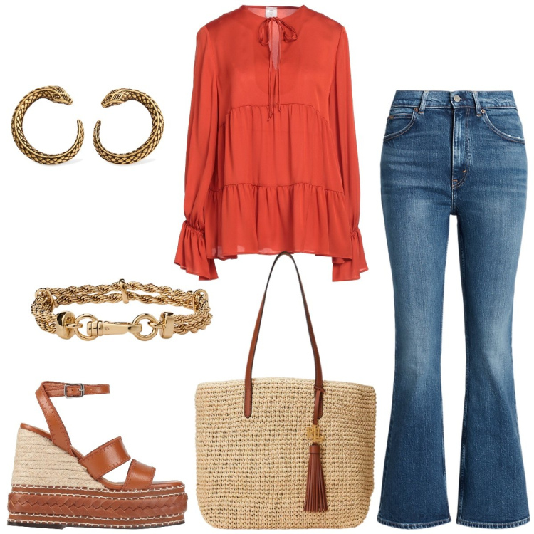 Outfit donna - In vacanza. Stile Casual per Tutti i giorni. Abbinamento con top, espadrillas, braccialetti, jeans, borse tote, orecchini.