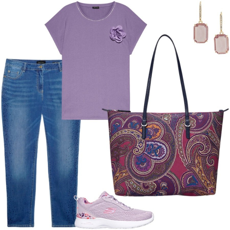 Outfit donna - Visitando un museo. Stile Casual chic per Tutti i giorni. Abbinamento con borse tote, orecchini, bluse, sneakers, jeans skinny.