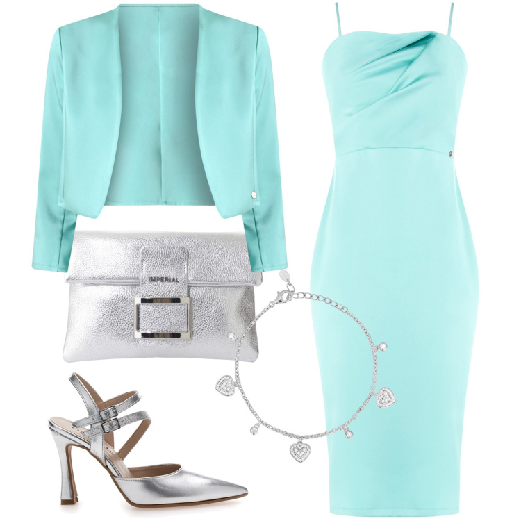 Outfit donna - Color Tiffany alla cerimonia. Stile Bon Ton per Cerimonia. Abbinamento con braccialetti, vestiti a tubino, bolero, pochette, décolleté.