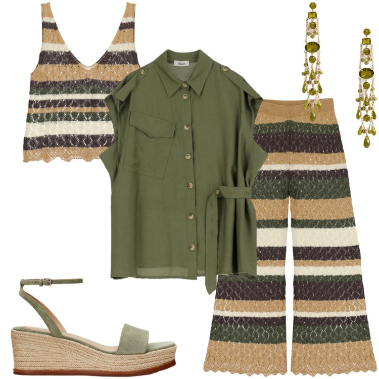 Outfit donna - Riviera look. Stile Casual chic per Mare. Abbinamento con pantaloni, camicie, top, zeppe, orecchini.