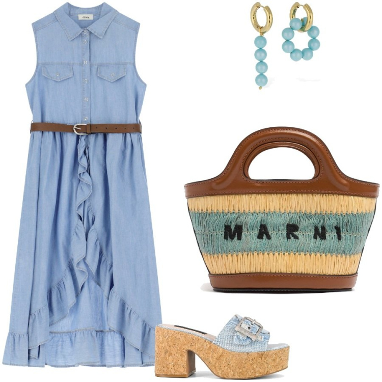 Outfit donna - Il vestito con rouches centrali. Stile Casual chic per Tutti i giorni. Abbinamento con vestiti senza maniche, sandali, orecchini, shopping bag.