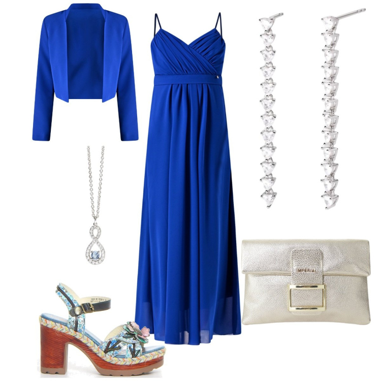 Outfit donna - Total look #2186099. Abbinamento con ciondoli, orecchini, vestiti lunghi, bolero, pochette, sandali col tacco.