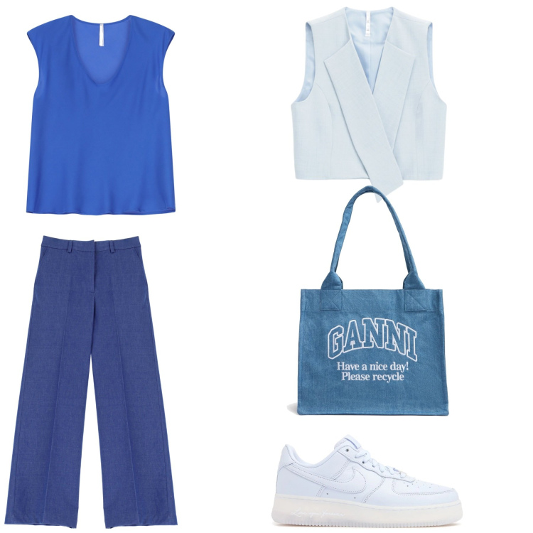 Outfit donna - Cielo blu. Stile Urban per Serata fuori. Abbinamento con pantaloni a palazzo, gilet, top, shopping bag, sneakers.