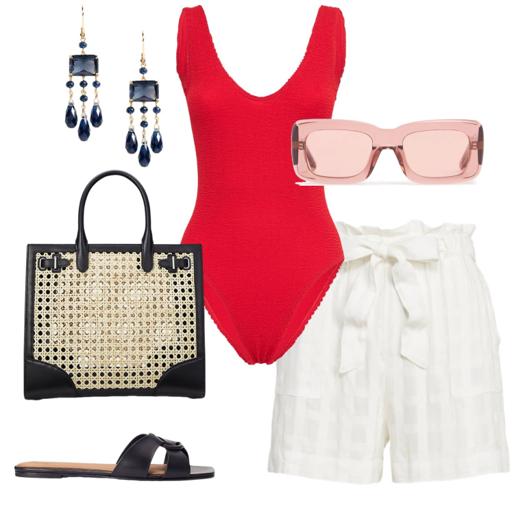 Outfit donna - Total look #2186106. Stile Casual per Mare. Abbinamento con ciabatte, borse tote, shorts, orecchini, costumi interi, occhiali da sole.