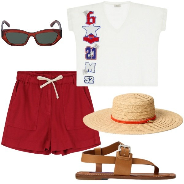 Outfit donna - A spasso per la città. Stile Basic per Tutti i giorni. Abbinamento con t-shirt, shorts, sandali in pelle, cappelli, occhiali da sole.