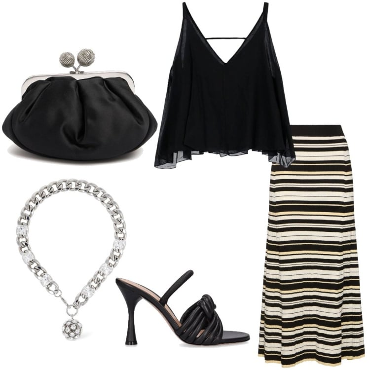 Outfit donna - Riviera look. Stile Chic per Mare. Abbinamento con top, gonne lunghe, pochette, sandali in pelle, collane.