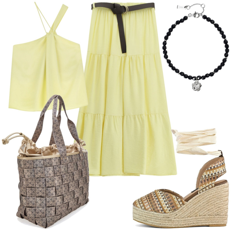 Outfit donna - Total look #2186116. Stile Etnico per Tutti i giorni. Abbinamento con braccialetti, top, gonne lunghe, zeppe, borse a spalla.